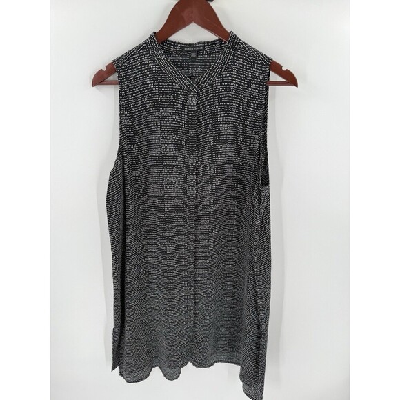 Eileen Fisher Black Polka Dot Silk Sleeveless Button Front Dress Size Large EUC - Picture 2 of 10